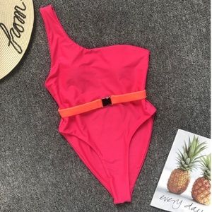 Fuschia one shoulder cheeky  belted monokini large